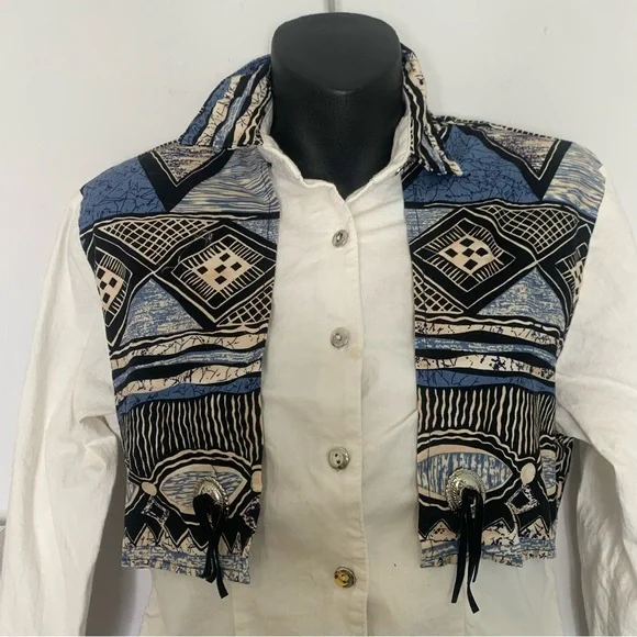 Vintage Roughrider Western Fringe Cropped Button Up Shirt Blue Black Small - Picture 5 of 14